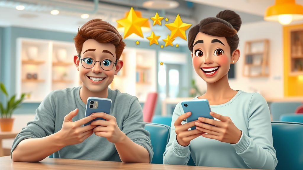 consumers using smartphones to leave positive online reviews for digital reputation building in a bright, animated café setting