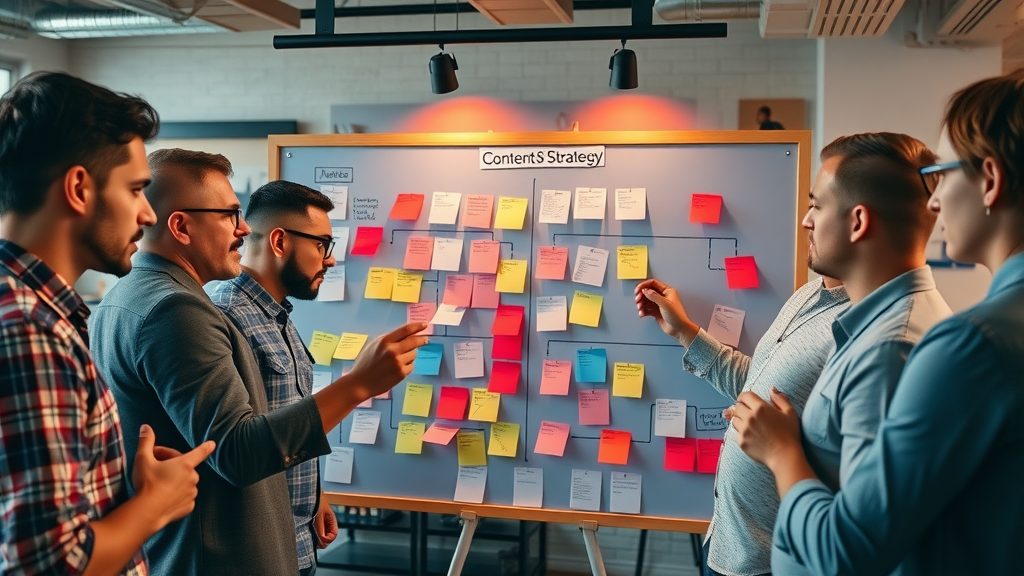 Collaborative marketing team mapping integration between email, social media, and content campaigns