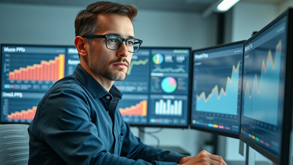 Professional analyst reviewing automated email campaign success metrics and KPIs on interactive dashboard