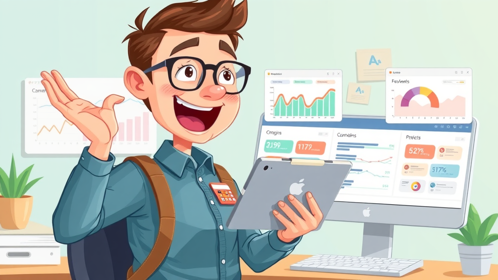 Entrepreneur using a tablet to compare digital marketing tools in small business marketing
