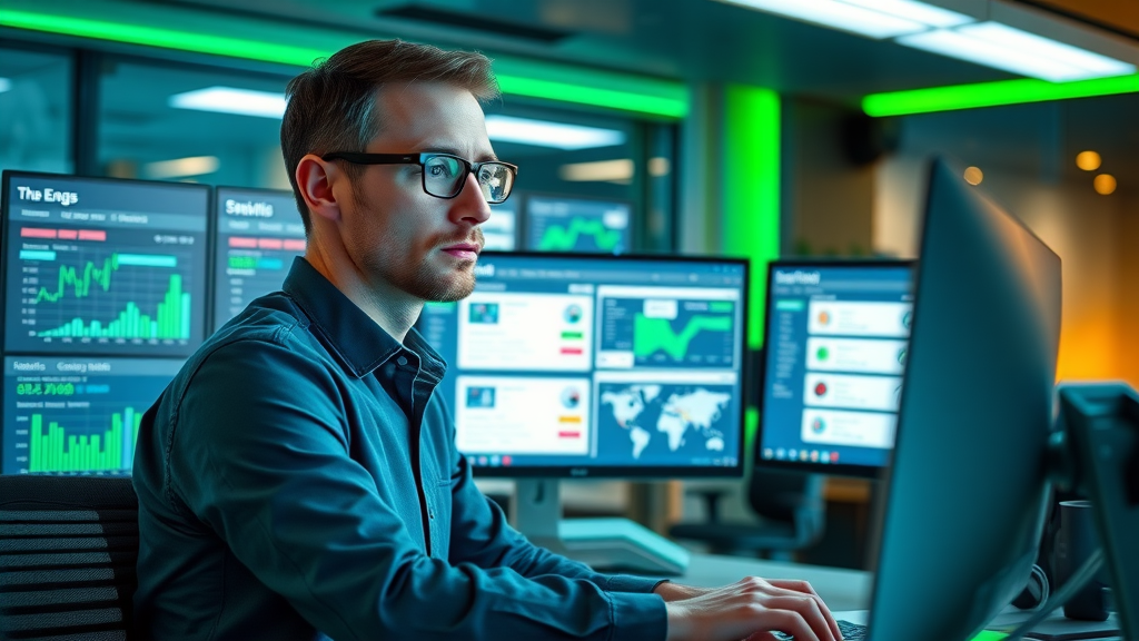 Digital marketer integrating customer relationship management tools with email campaign dashboard. Vibrant, high-tech marketing environment with CRM analytics displayed.