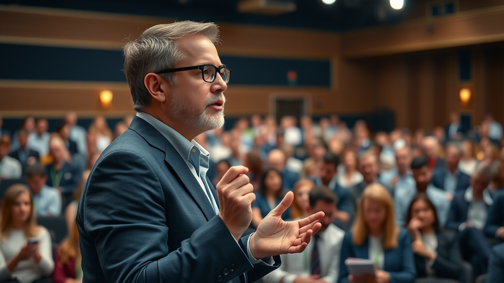 Industry thought leader establishing authority with insightful content at a professional conference