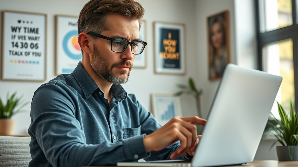 Insightful business owner checking online reviews to monitor small business reputation