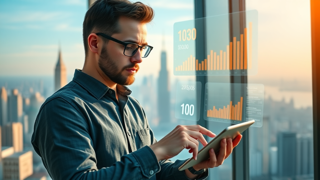 Marketer reviewing ROI analytics dashboards for social media lead generation in a high-rise office.