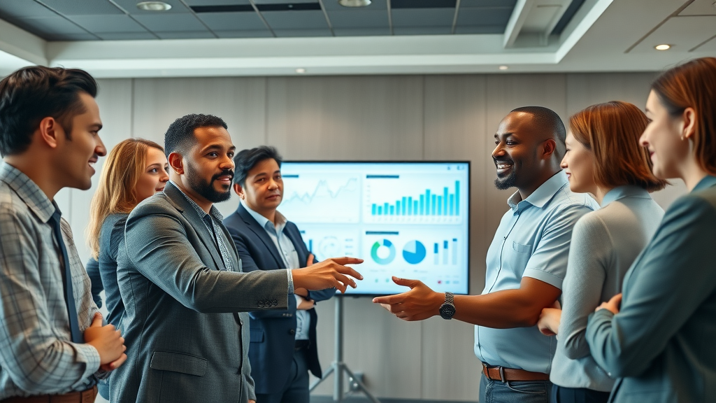 professional team reviewing analytics and brand reputation on digital display, reputation management meeting in a modern office