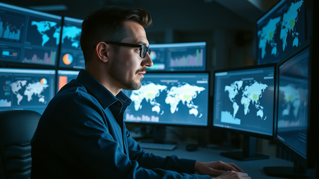 Analytical marketing strategist reviewing content marketing campaign analytics on multiple screens