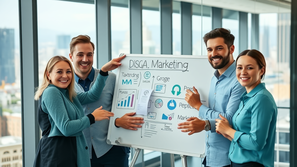dynamic marketing team collaborating on digital marketing whiteboard marketing customer acquisition strategies glass-walled office cityscape
