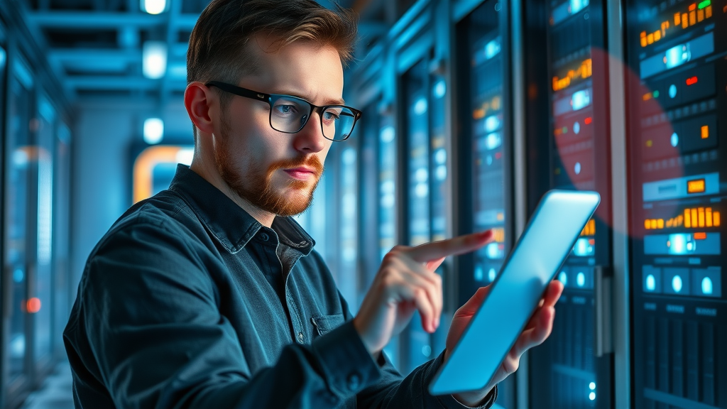 Marketer optimizing email deliverability settings with digital shields in a futuristic server room