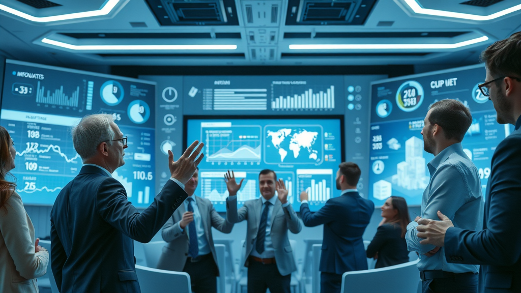 b2b lead generation infographic and business professionals strategizing with digital screens