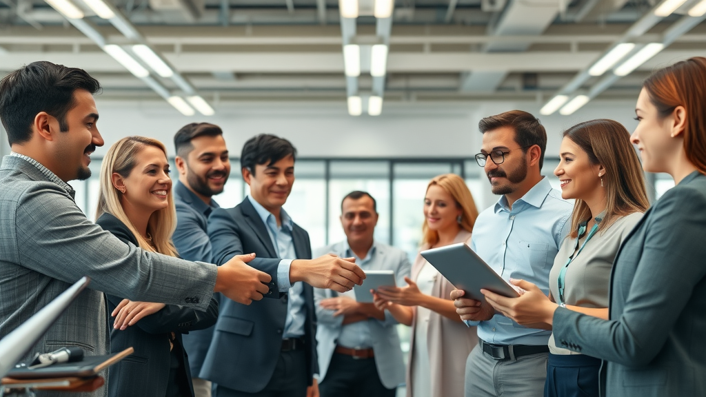 crm integration for marketing with large business team, sales, and marketing leaders collaborating in an open office with digital devices
