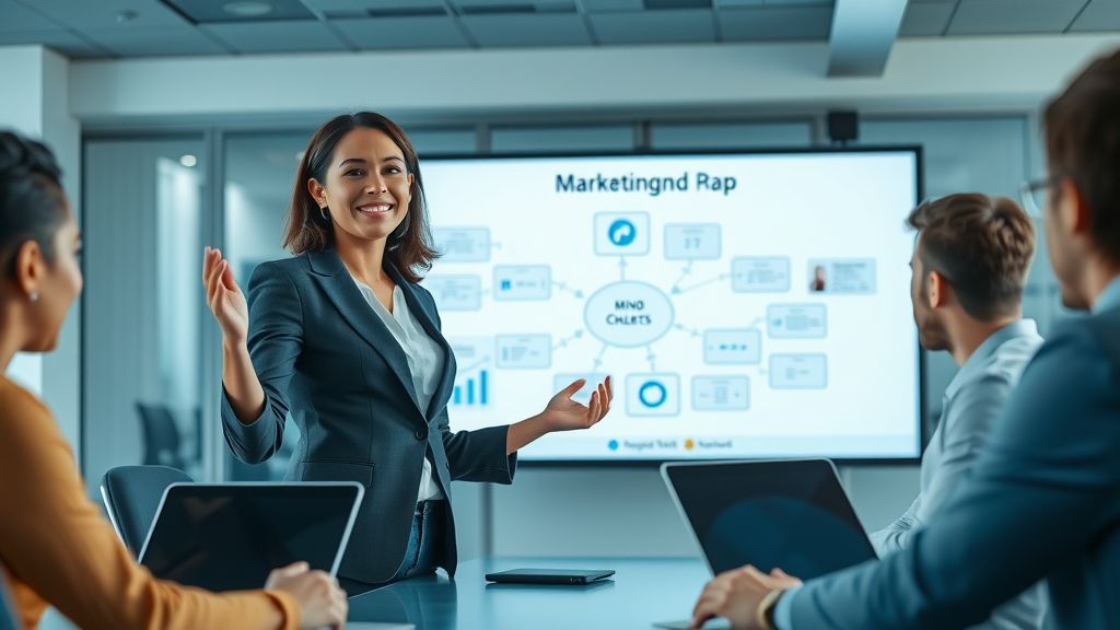 Businesswoman presenting a modern marketing mind map to a team for small business marketing strategy