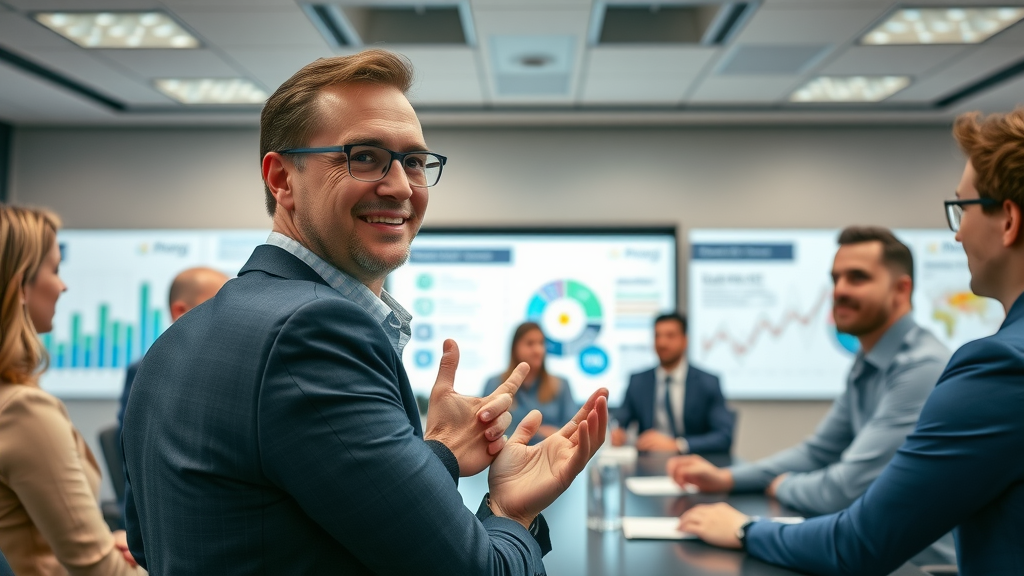 Business consultant discussing best lead generation strategies with an engaged team, infographic slides in the background.