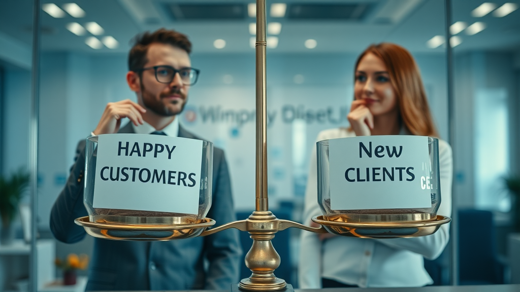 acquisition and retention - balanced scale with happy customers and new clients