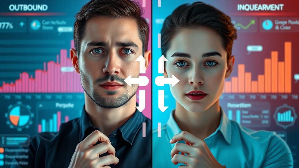 contrasting inbound and outbound marketing channels split screen with icons and arrows