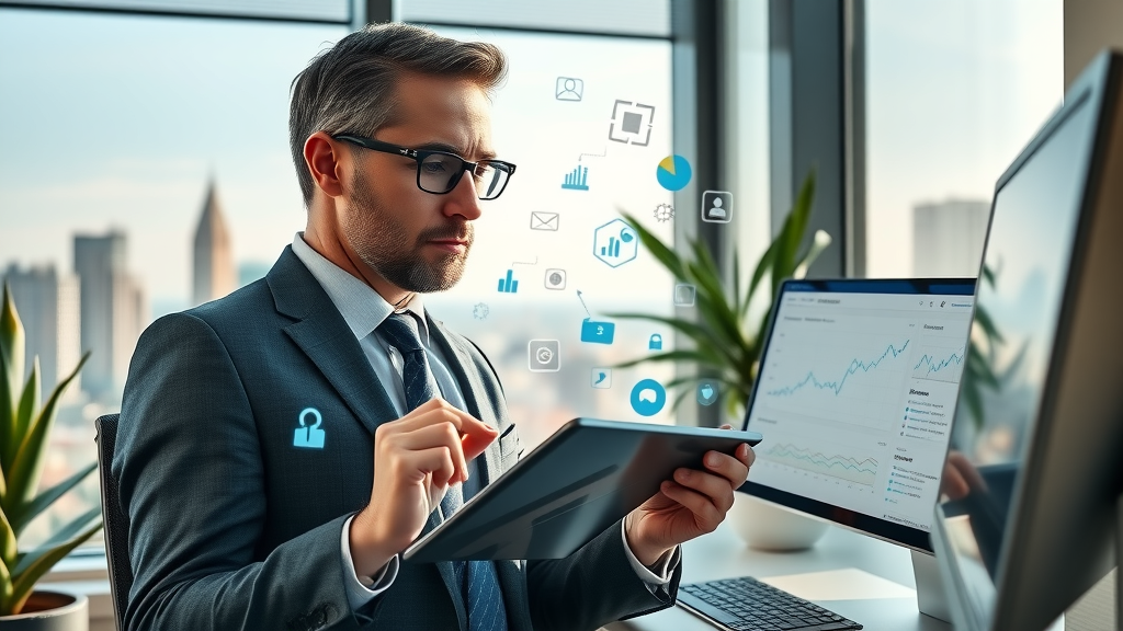 executive evaluating marketing dashboard solutions, comparing analytics dashboard reports