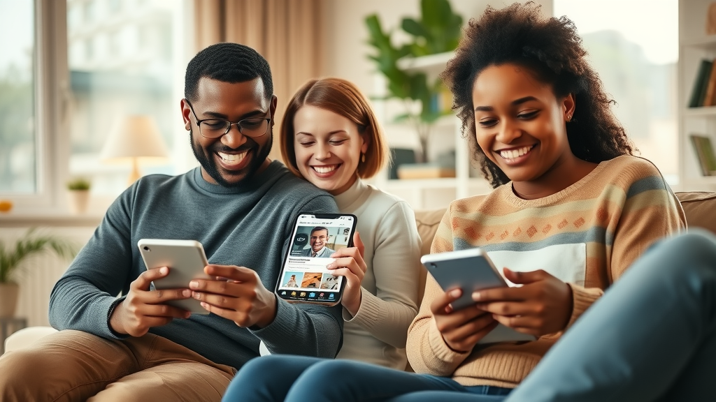 happy diverse customers viewing personalized online ads on digital devices, customer experience, marketing analytics