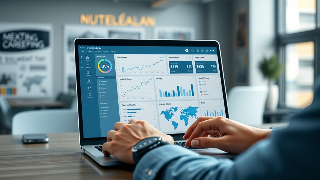 sleek digital marketing dashboard interface on a laptop, marketing dashboard, professional contemporary design, interactive charts