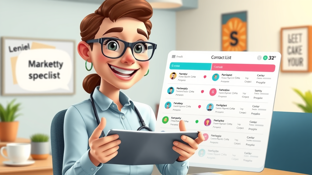 Marketing specialist segmenting email lists with digital contact bubbles in office environment