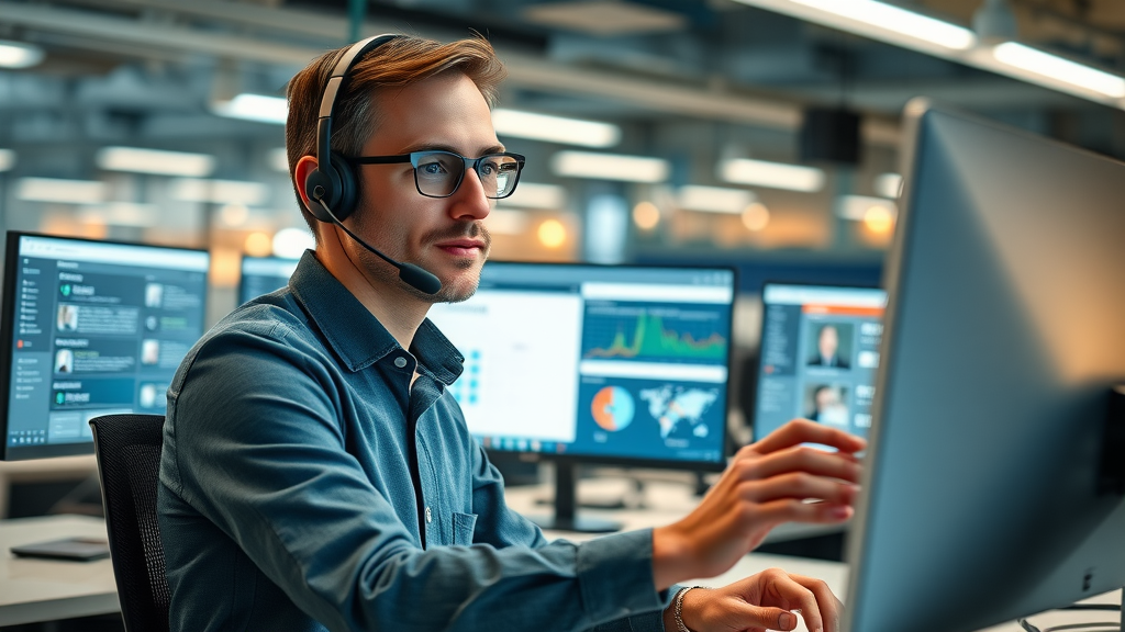 crm software small business - friendly customer service agent engaging through digital CRM dashboard, open workspace, customer profile pop-ups, notifications, vibrant and helpful environment