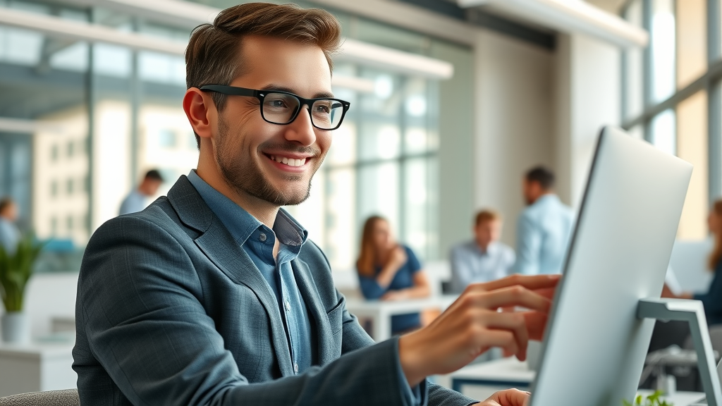 small business customer relationship management - modern office workspace, small business owner smiling confidently, engaged in reviewing digital CRM dashboard, digital elements visible, bright airy office, people collaborating