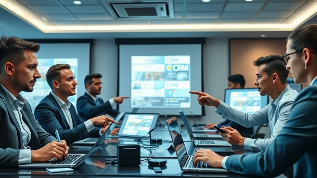 Business professionals reviewing multiple CRM tool provider interfaces on laptops. Conference room with projected digital CRM software screens.
