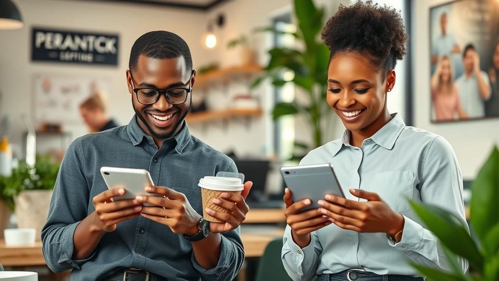 diverse entrepreneurs responding to positive online reviews as part of digital reputation building in a modern cafe setting with visible brand elements