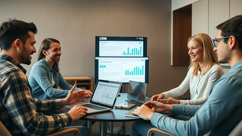 crm software for small business - professional team discussing CRM software features, warm interactions, real-time data visualizations