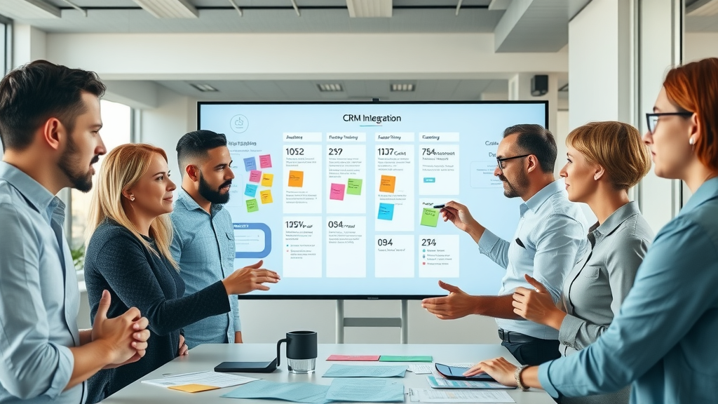 group of marketing professionals planning CRM integration for marketing on an interactive screen in a high-tech office