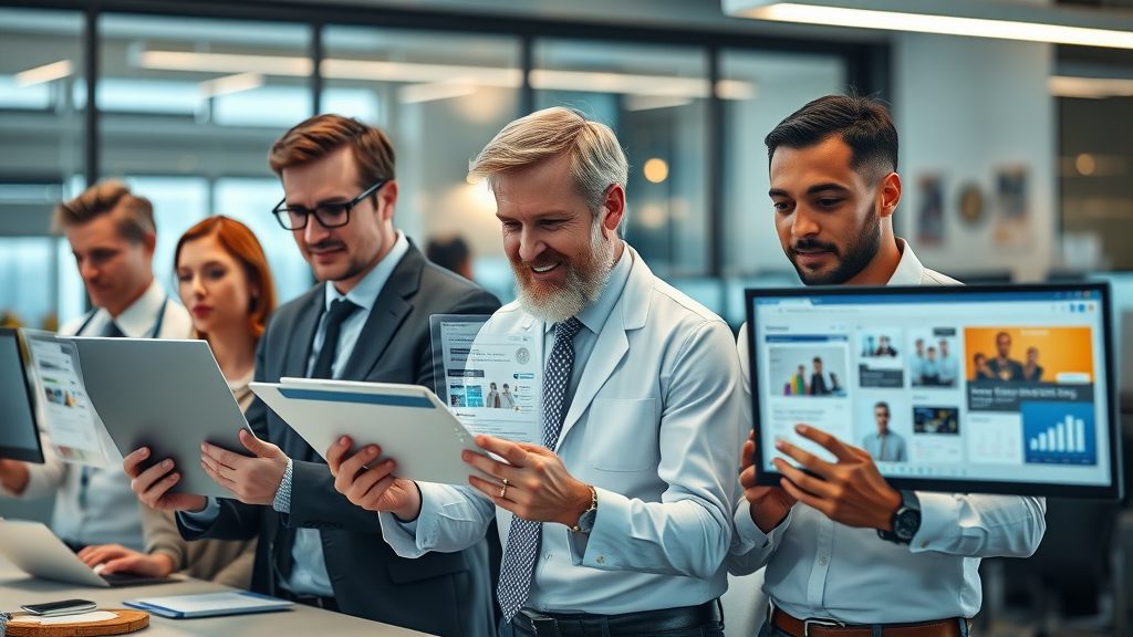 Diverse business professionals using specialized CRM tools for their industries—healthcare, finance, retail. Highly detailed, sector-specific CRM platforms displayed.
