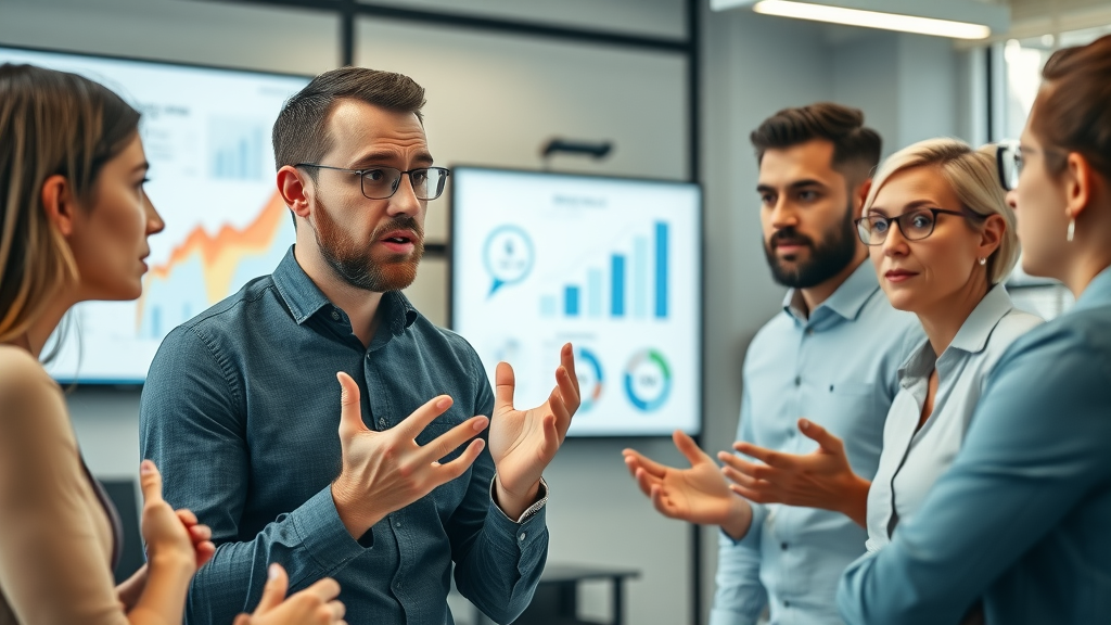 concerned entrepreneur discussing online reviews with team - managing negative reviews - review charts - business collaboration