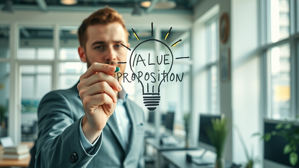 professional marketer brainstorming value proposition customer acquisition strategy glass board modern office
