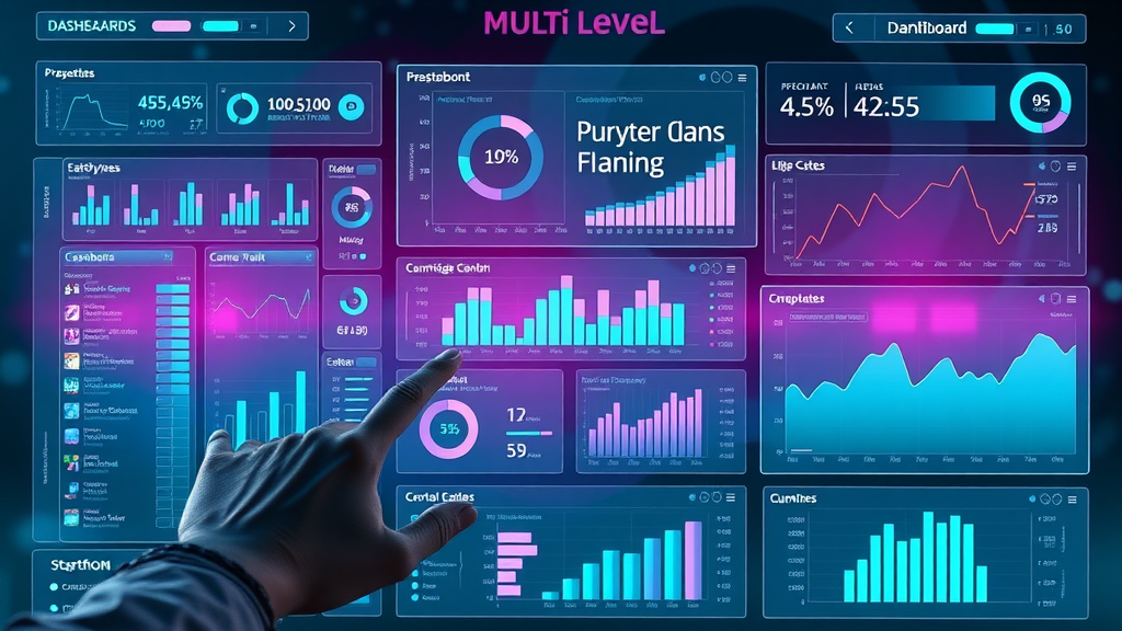 dynamic multilevel dashboard concept, marketing dashboard, comparison of dashboard types, transparent digital overlays
