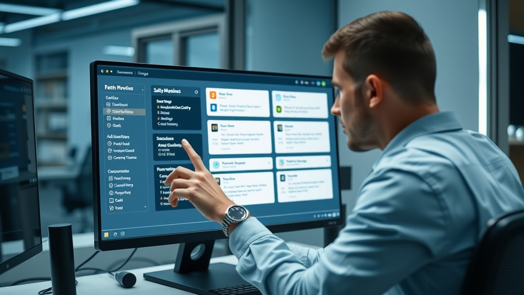 Sleek computer screen showing automated marketing workflows, on-screen automation triggers, and task sequences in a modern tech workspace using automation software