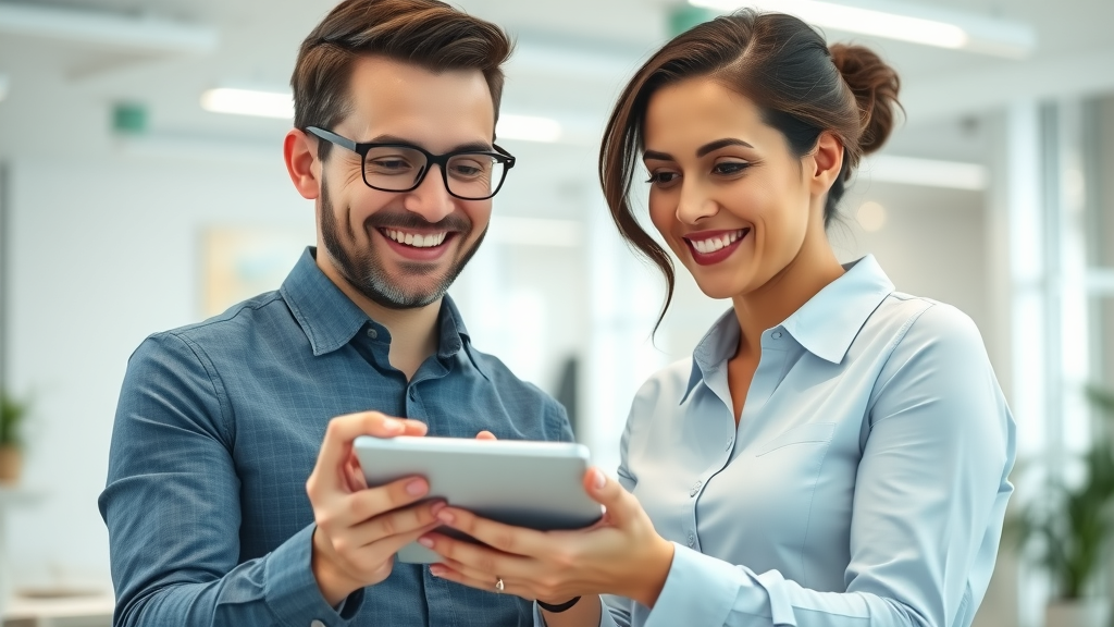 crm systems sales representative guiding client through CRM software on tablet