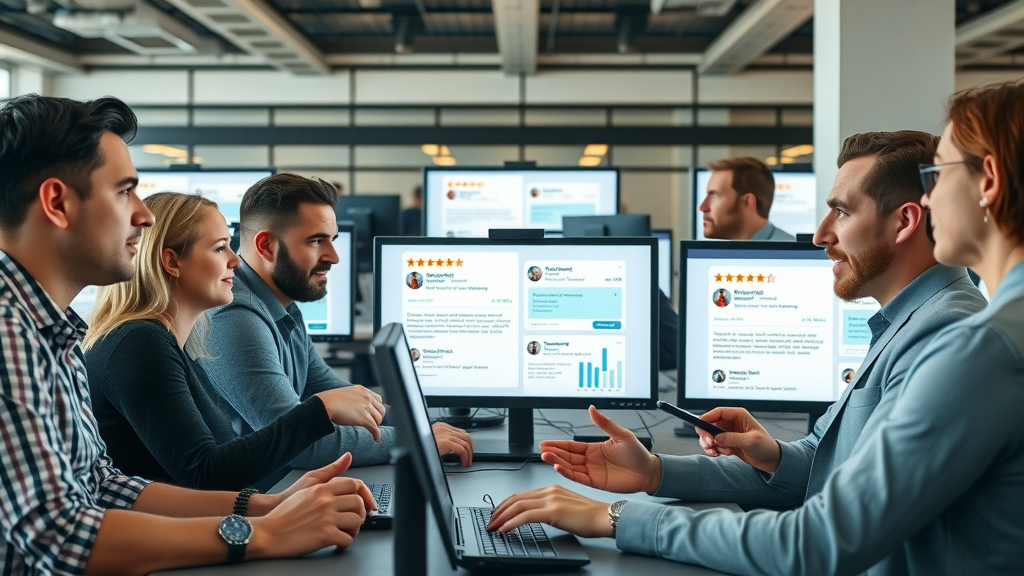 diverse team of digital marketers reviewing customer feedback for online reputation management