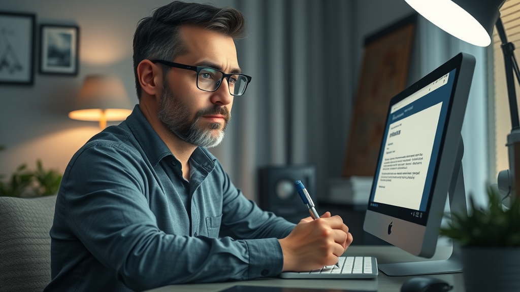 business owner writing professional review reply - empathetic response to managing negative reviews - home office setting