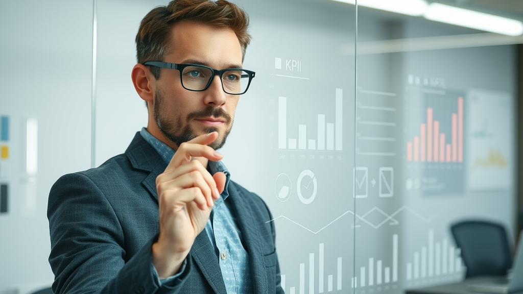 marketing kpis professional marketer mapping strategies on glass board drawing KPI connections