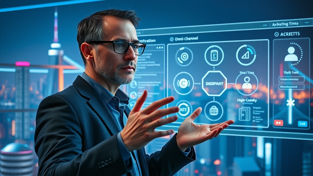 visionary marketing strategist with futuristic AI-powered marketing automation workflow dashboard