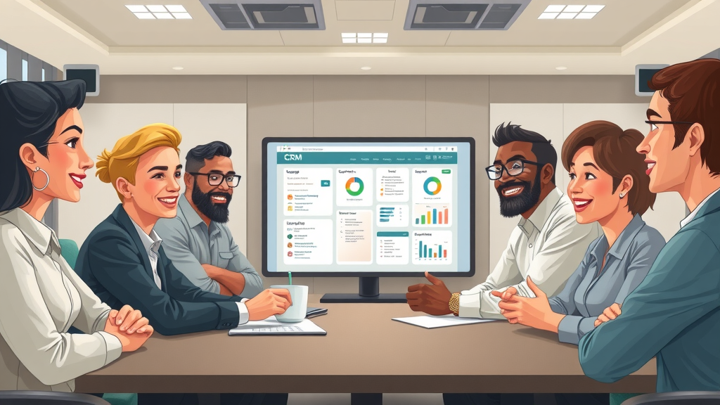 small business crm - diverse sales team in training session, learning CRM interface together, engaging presentation, business classroom with large monitor, teamwork focus