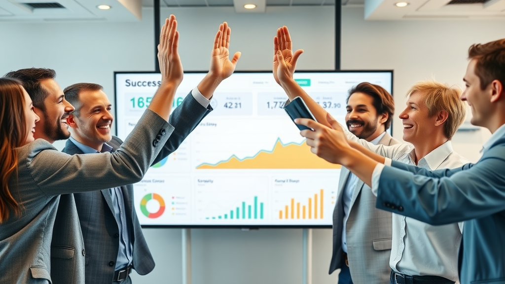 marketing team celebrating successful campaign performance results