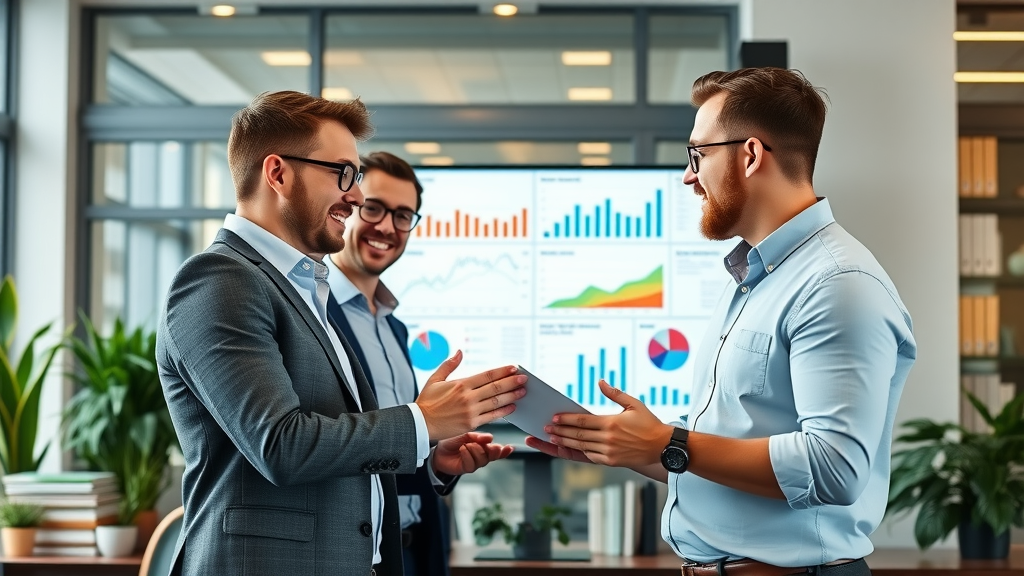 Infographic of SMB owners analyzing digital marketing for SMBs statistics in a modern office, confident and inspired, studying charts and graphs