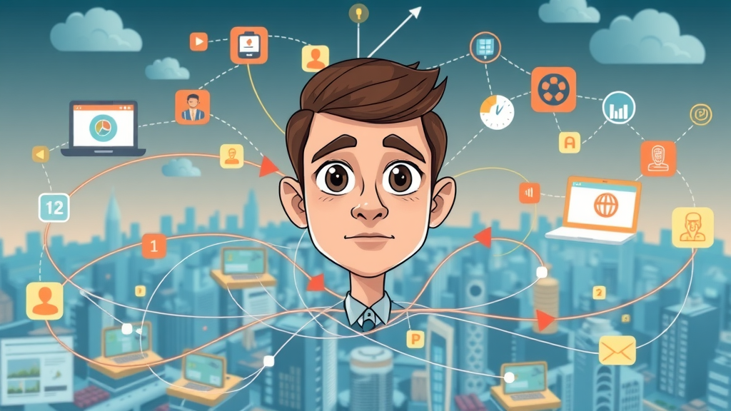 dynamic illustration of crm integration for marketing, showing digital connections between devices and business platforms, cartoon icons for software tools and animated arrows
