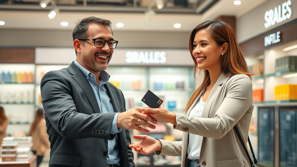 customer retention - trusted sales advisor exchanging a loyalty card and handshake with a returning customer