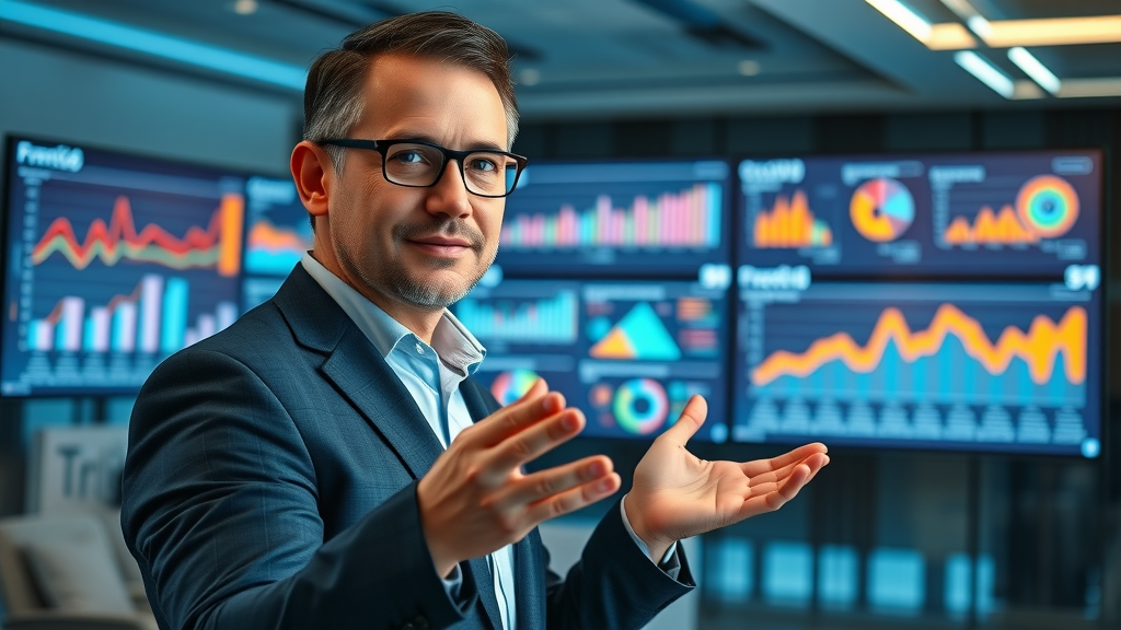 Business analyst presenting CRM analytics dashboard and KPI graphs in a meeting room.
