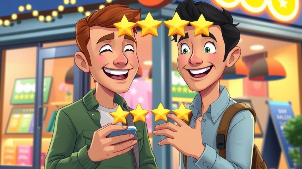 Happy customer boosting small business reputation by giving a positive review