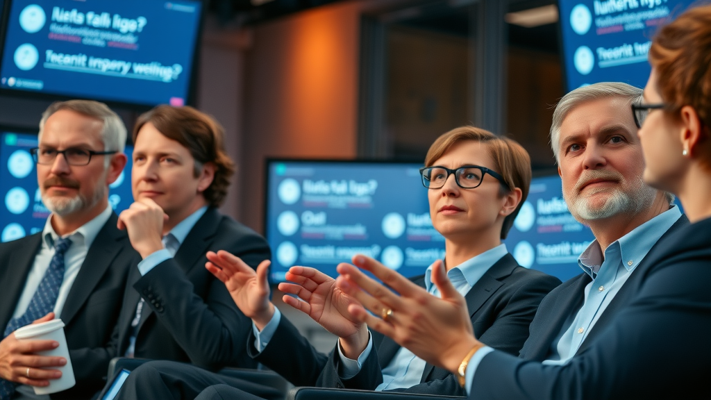 business leaders and professionals addressing digital reputation FAQs during a marketing Q&A session in a high-fidelity studio