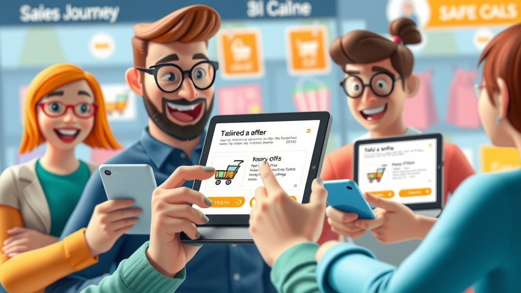 ecommerce automated sales funnel illustration, tailored customer offers and digital purchase process
