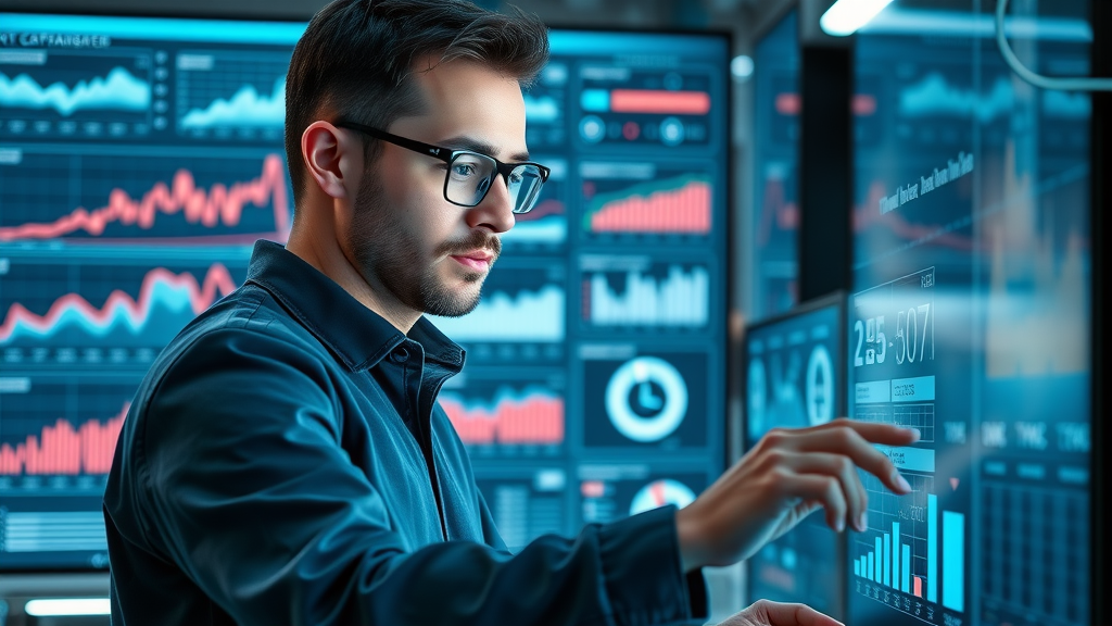 Tech-savvy marketer analyzing brand reputation online using a dashboard with real-time analytics