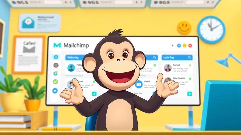 Animated Mailchimp dashboard showcasing automated email campaign workflows with mascot