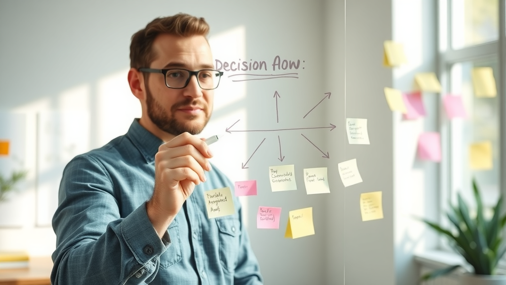Marketing manager mapping channel attribution and customer journey on a transparent whiteboard.